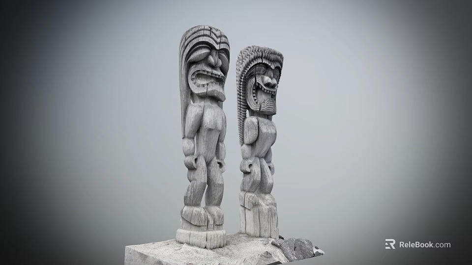 Traditional Wooden Totem Poles With Intricate Facial Carvings And Body Details 3d model 