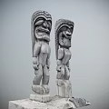 Traditional Wooden Totem Poles With Intricate Facial Carvings And Body Details