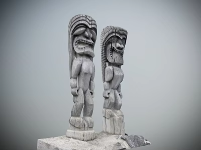 Traditional Wooden Totem Poles With Intricate Facial Carvings And Body Details 3d model