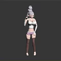 Game Movie Character With Grey Bun Hairstyle Glasses White Top Pink Shorts And Brown Stockings