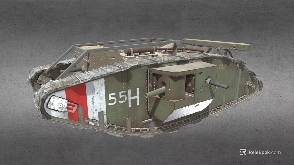 Historical Military Tank With 55H Marking Green Body Red White Stripes Turret And Cannon Details 3d model 