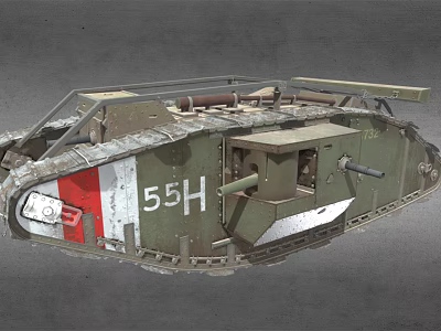 Historical Military Tank With 55H Marking Green Body Red White Stripes Turret And Cannon Details 3d model