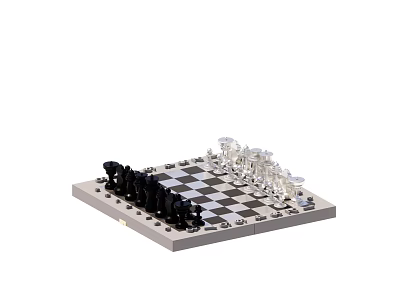 Classic Chess Set With Black And Transparent Pieces On Checkerboard Board 3d model