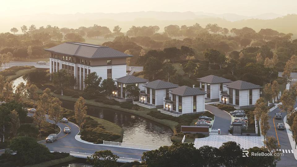 Scenic Modern Detached Villas Surrounded by Trees Near Creek with Road Parking 3d model 
