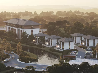 Scenic Modern Detached Villas Surrounded by Trees Near Creek with Road Parking 3d model