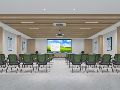 Modern Conference Room Interior With Green Chairs Large Screen Projector And Wooden Ceiling 3d model