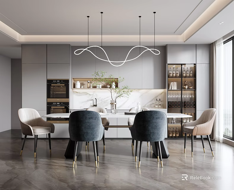 Modern Restaurant Interior Open Layout Gray Cabinets Island Planted Vase Mixed Color Chairs Pendant Lights 3d model 