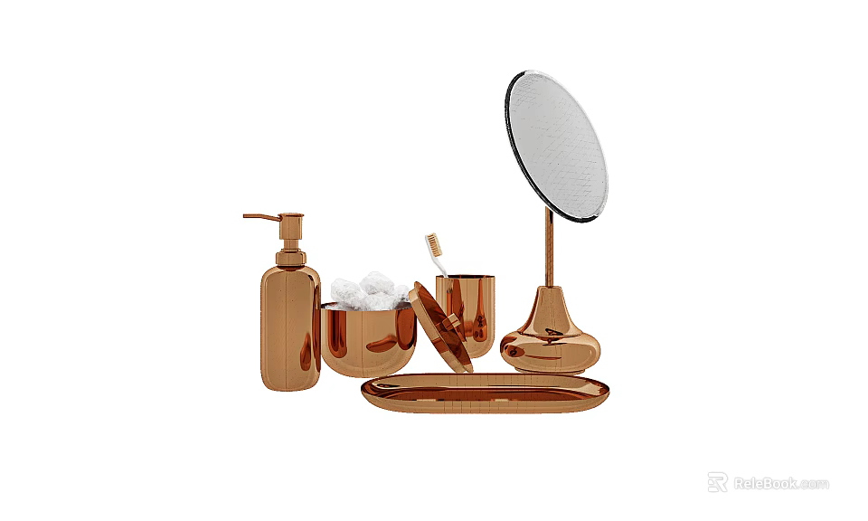 Copper Bathroom Accessories Set With Soap Dispenser Cotton Ball Bowl Toothbrush Holder Mirror And Tray 3d model 