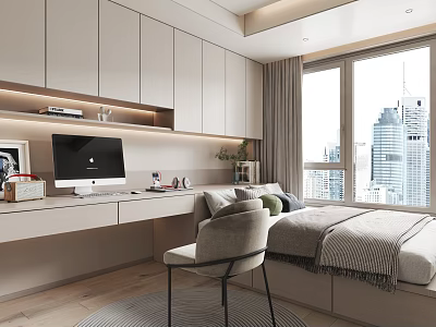Tatami Bedroom Interior Design With White Cabinets Desk Computer Chair And City View Window 3d model