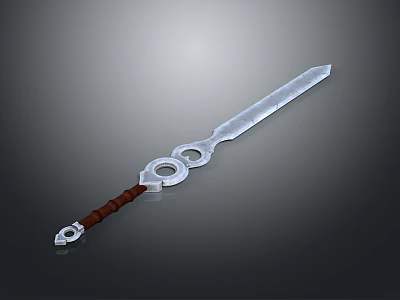 Silver Decorative Sword With Brown Wooden Handle And Double Metal Rings Design 3d model