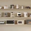 Essential Kitchen Appliances Displayed on Shelves with Coffee Maker Toaster Blender and Microwaves