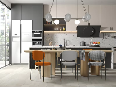 Modern Dining Room With Kitchen Cabinets Pendant Lights Dining Table And Chairs 3d model