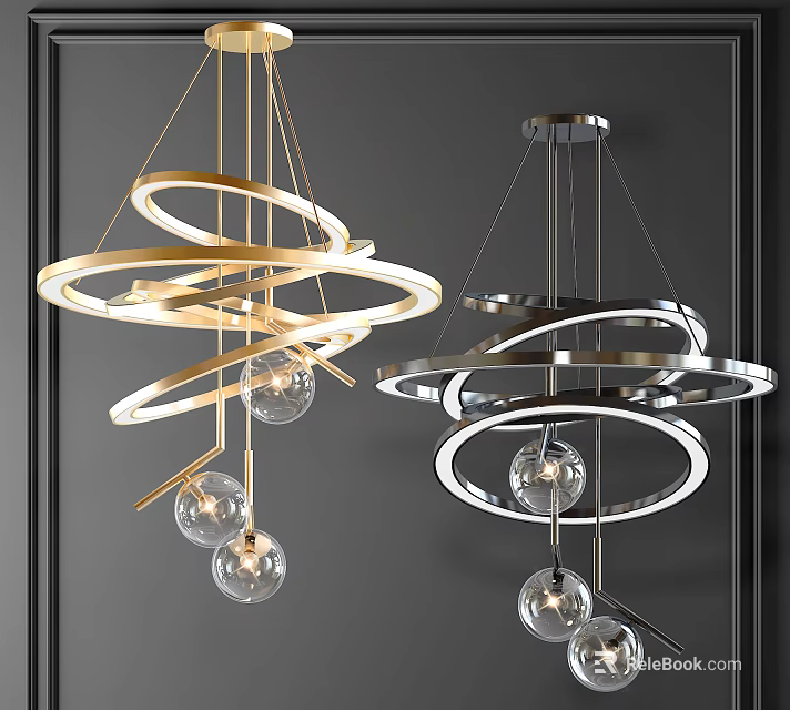 Modern Circular Ring Chandeliers with Glass Globes and Metallic Frames for Interior Lighting 3d model