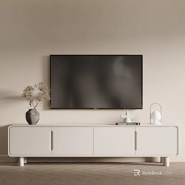 White TV Stand With Wall Mounted TV Decorative Vase Books And Lamp 3d model 