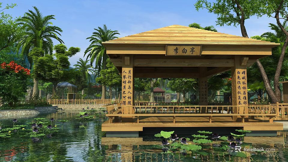 Traditional Wooden Li Bai Pavilion by Pond with Lotus Leaves and Trees 3d model 