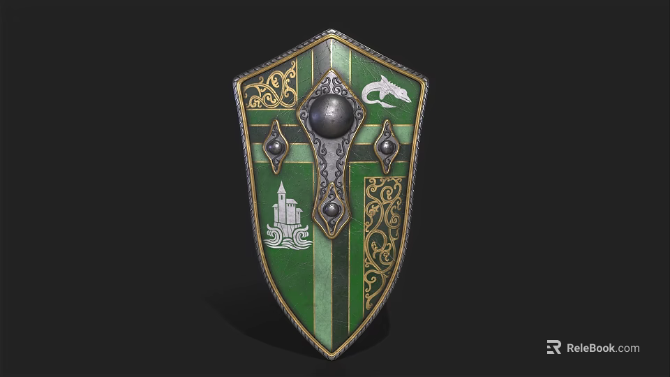 Medieval Green Shield With Golden Decorative Patterns Dragon Emblem Castle Design And Metallic Center 3d model 