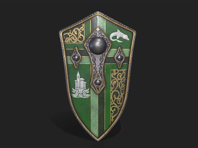Medieval Green Shield With Golden Decorative Patterns Dragon Emblem Castle Design And Metallic Center 3d model