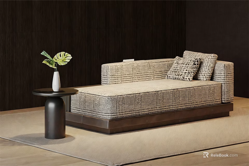 Elegant Plaid Chaise Lounge With Decorative Pillows Wooden Base And Side Table Plant 3d model 