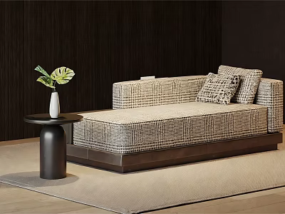 Elegant Plaid Chaise Lounge With Decorative Pillows Wooden Base And Side Table Plant 3d model