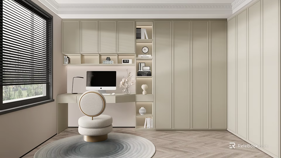 Elegant Study Room Interior With Light Gray Cabinets Desk Computer Round Chair And Bookshelf 3d model