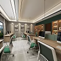 Bright Modern Public Office Space With Office Desks Green Chairs And Built In Bookshelves