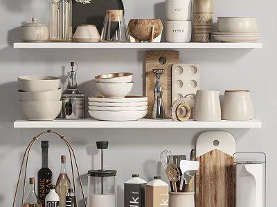 White Shelves Displaying Various Kitchenware Bowls Plates Cups Jars Knives Cutting Boards Grinders Spice Bottles 3d model