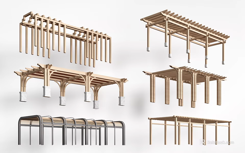 Various Modern Pergola Designs With Wooden Metal Columns And Beams 3d model 
