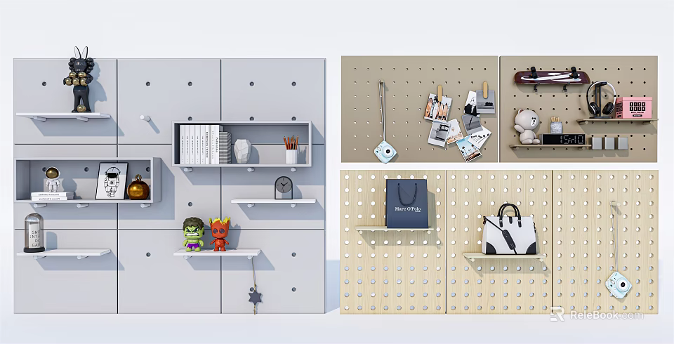 Functional Pegboard Wall Decor With Shelves Storage Organizers And Decorative Items 3d model