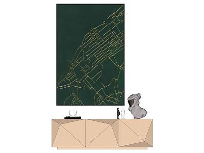 Green Background Golden Line Pattern Geometric Cabinet With Table Lamp Sculpture And Vase 3d model