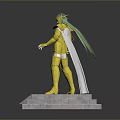Game Character with Golden Armor Green Hair Standing on Base with Saint Seiya Inscription