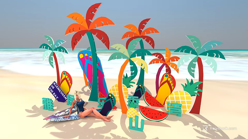 Vibrant Beach Photo Spot With Colorful Palm Trees Surfboards Flip Flops And Fruit Props 3d model