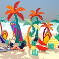 Vibrant Beach Photo Spot With Colorful Palm Trees Surfboards Flip Flops And Fruit Props 3d model