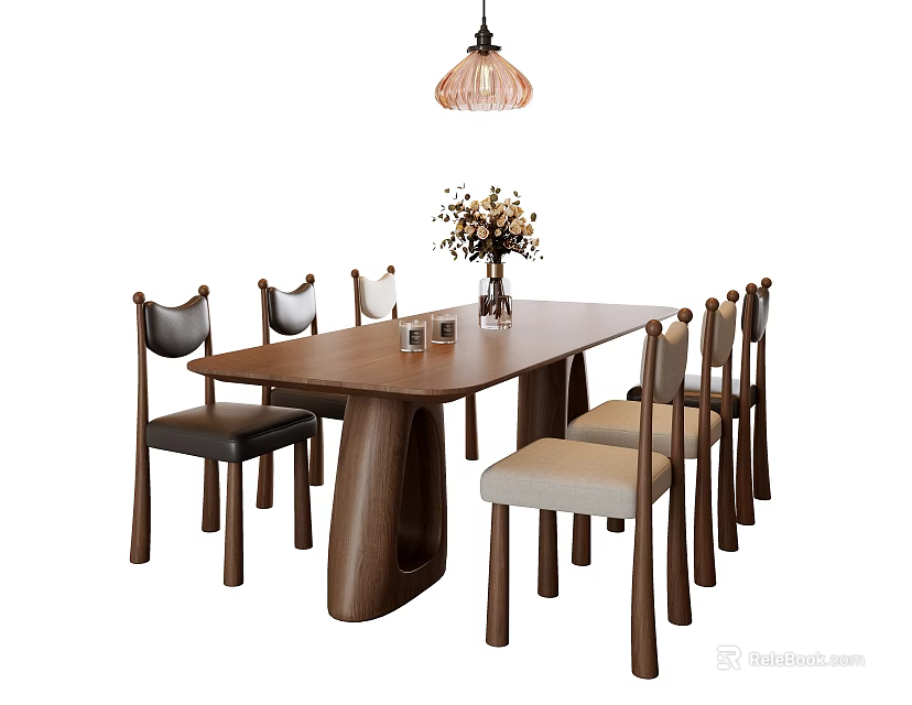 Modern Wooden Dining Table Set With Matching Chairs Vase With Flowers And Hanging Lamp 3d model 