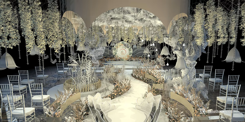 Luxurious Wedding Venue Decor With White Gold Arch Chandeliers And Floral Arrangements 3d model 