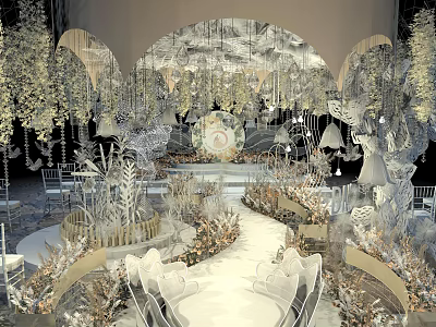 Luxurious Wedding Venue Decor With White Gold Arch Chandeliers And Floral Arrangements 3d model
