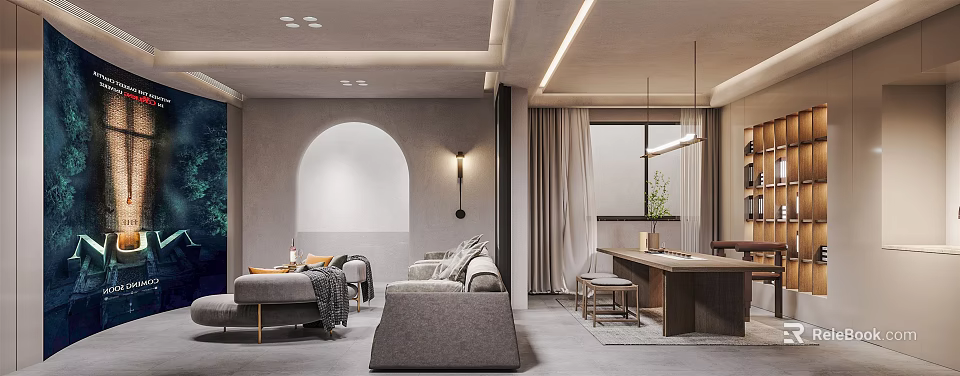 Gray Study Room Interior With Arched Window Sofa Desk Pendant Light And Rug 3d model