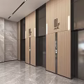 Modern Reception Desk in Spacious Lobby with Gray Marble Walls Sofa Seating and Green Plants