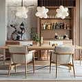 Modern Restaurant Interior With Wooden Dining Table Comfortable Chairs And Flower Shaped Pendant Lights