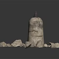 Stone Garden Ornaments With Pointed Top Pillars And Scattered Pieces
