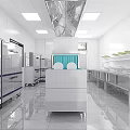 Clean Modern Commercial Kitchen With Stainless Steel Refrigerators Worktables Blue Baffle Station And Ventilation