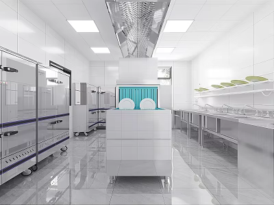 Clean Modern Commercial Kitchen With Stainless Steel Refrigerators Worktables Blue Baffle Station And Ventilation 3d model