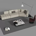 Modern Beige L shaped Sofa and Coffee Table Set with Grey Cushions Marble Table 3d model