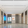 Modern Service Hall Interior With Digital Screen Elevator And Wooden Wall Panels 3d model
