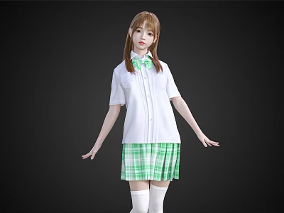 Woman in White Shirt and Green Plaid Skirt with Green Bow Tie and White Stockings 3d model