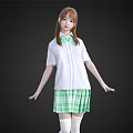 Woman in White Shirt and Green Plaid Skirt with Green Bow Tie and White Stockings