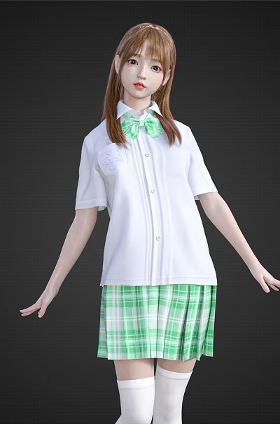 Woman in White Shirt and Green Plaid Skirt with Green Bow Tie and White Stockings 3d model