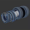 3D Rendered Mechanical Equipment Component with Stacked Black Rings and Silver Central Shaft