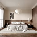 Modern Bedroom Interior With Large Bed White Bedding Wooden Wardrobe And Wall Art