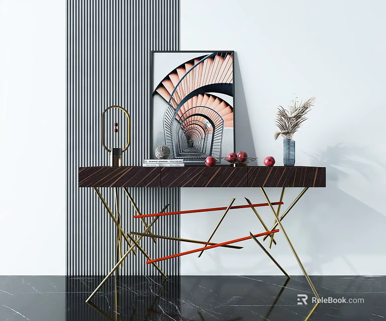 Modern Console Table With Golden Red Geometric Base And Artwork Decorations 3d model