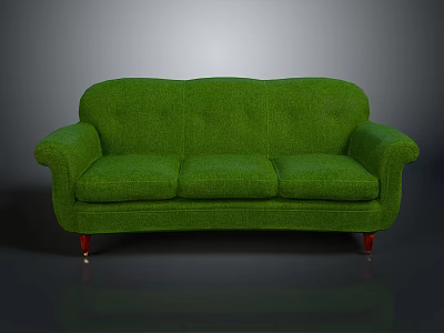 Green Three Seater Sofa With Curved Armrests And Red Wooden Legs 3d model